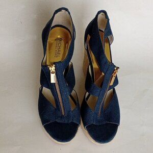 MICHAEL Michael Kors Blue Wedge Espadrille Sandals Gold Zipper Size 10M